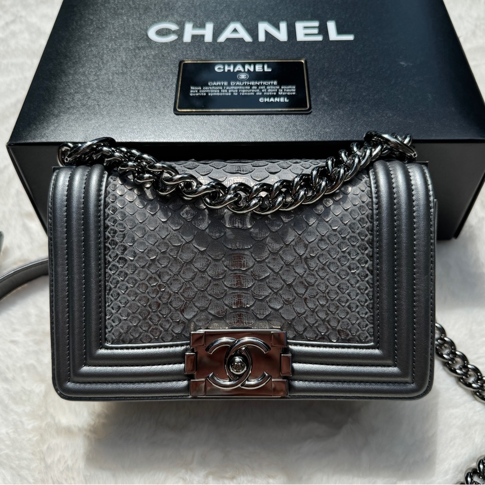 Authentic Chanel small python boy bag with box and authenticity card.